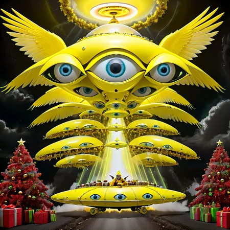 seraphins, mystical creature with hundreds of eyes and wings, roswell alien with yellow christmas hat, delivering presents with santa riding a ufo sleigh, intricate complexity, surreal horror, inverted neon yellow drip paint, photoreal