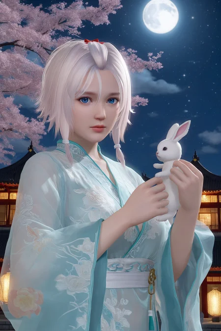 score_9,score_8,score_7_up,best quality,high detailed,
luna \(doa\), 1girl, solo, blue eyes,lavenderblush hair,(short hair with long locks, bangs pinned back, hair between eyes, sidelocks, white hair tie, small red hair bow, forehead,),
upper body,looking at viewer,
celestial beauty, flowing hanfu (traditional Chinese dress), silk robes, delicate embroidery (clouds, moon motifs), jade hairpins, ethereal glow, pale moonlight skin, graceful posture, floating ribbons, holding a white jade rabbit (Jade Rabbit / Yutu), standing on the Moon, translucent silk veil, melancholic yet serene expression.
crystal bridges over silver streams, glowing osmanthus trees (fragrant golden flowers), floating clouds, celestial mist, starry night sky, distant Earth view, soft bioluminescent light, dreamy atmosphere, traditional Chinese architecture (white jade pillars, curved roofs), magical realism, ultra-detailed, cinematic lighting, 8K, fantasy art.
<lora:doa_luna_pdxl_v11:0.8000000000000002>