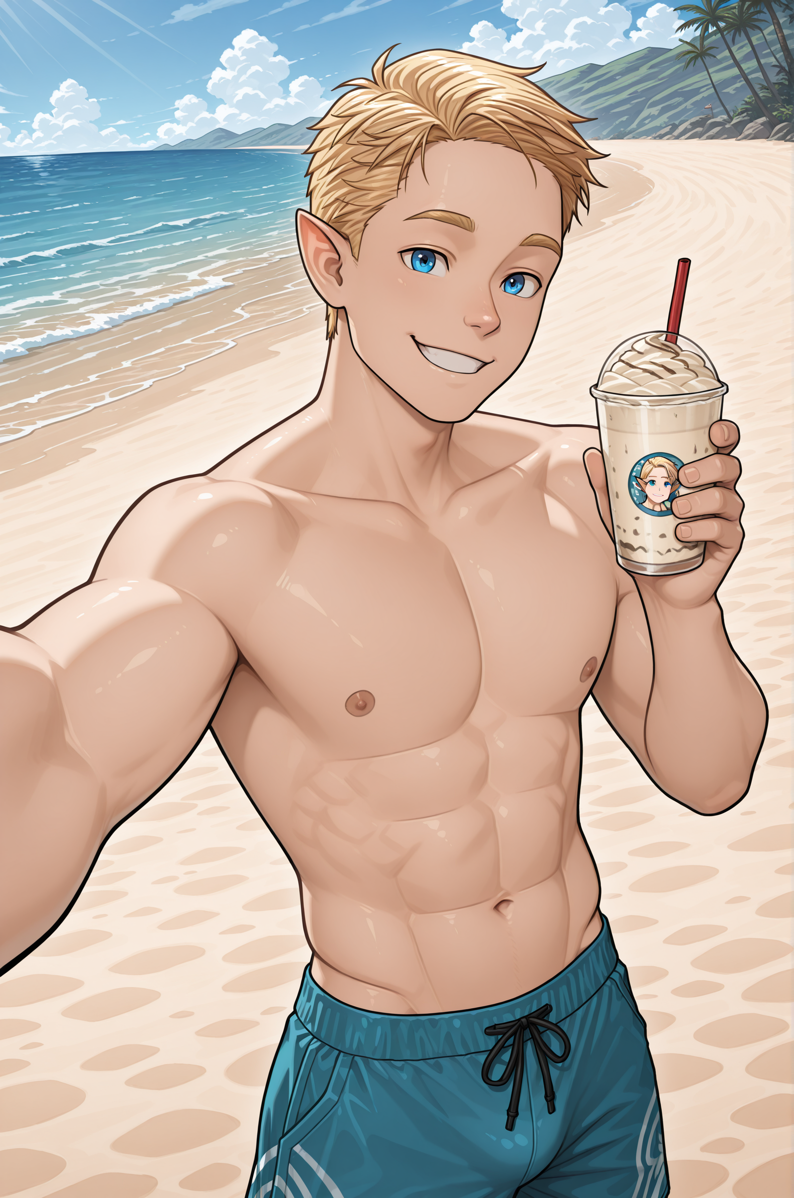 <lora:TyDecoy:1> 1boy, tydecoy, elf male, muscular, blonde hair, blue eyes, pointy ears,
smile, hawaïan swiming shorts, arm out selfie,  (holding smoothie:1.2),
beach, ocean, sunny,, masterpiece,best quality,amazing quality,newest, absurdres, highres, detailed eyes, beautiful, perfect eyes, finely detailed face, very aesthetic,