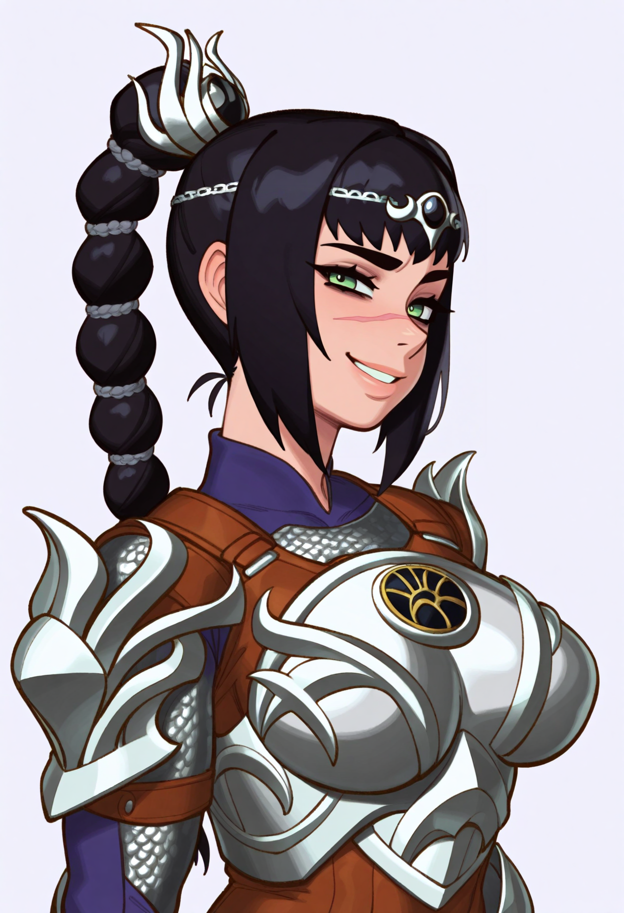 rizdraws,
best quality, amazing quality, very aesthetic, absurdres,
1girl, solo, shadowheart, black hair, braided ponytail, green eyes, scar on face, circlet, armor, large breasts,
horny smile, looking at viewer, upper body, (simple background, white background:1.3), <lora:ShadowHeartIllustrious_byKonan:0.8>  <lora:RizdrawsIllustriousXL_byKonan:1>