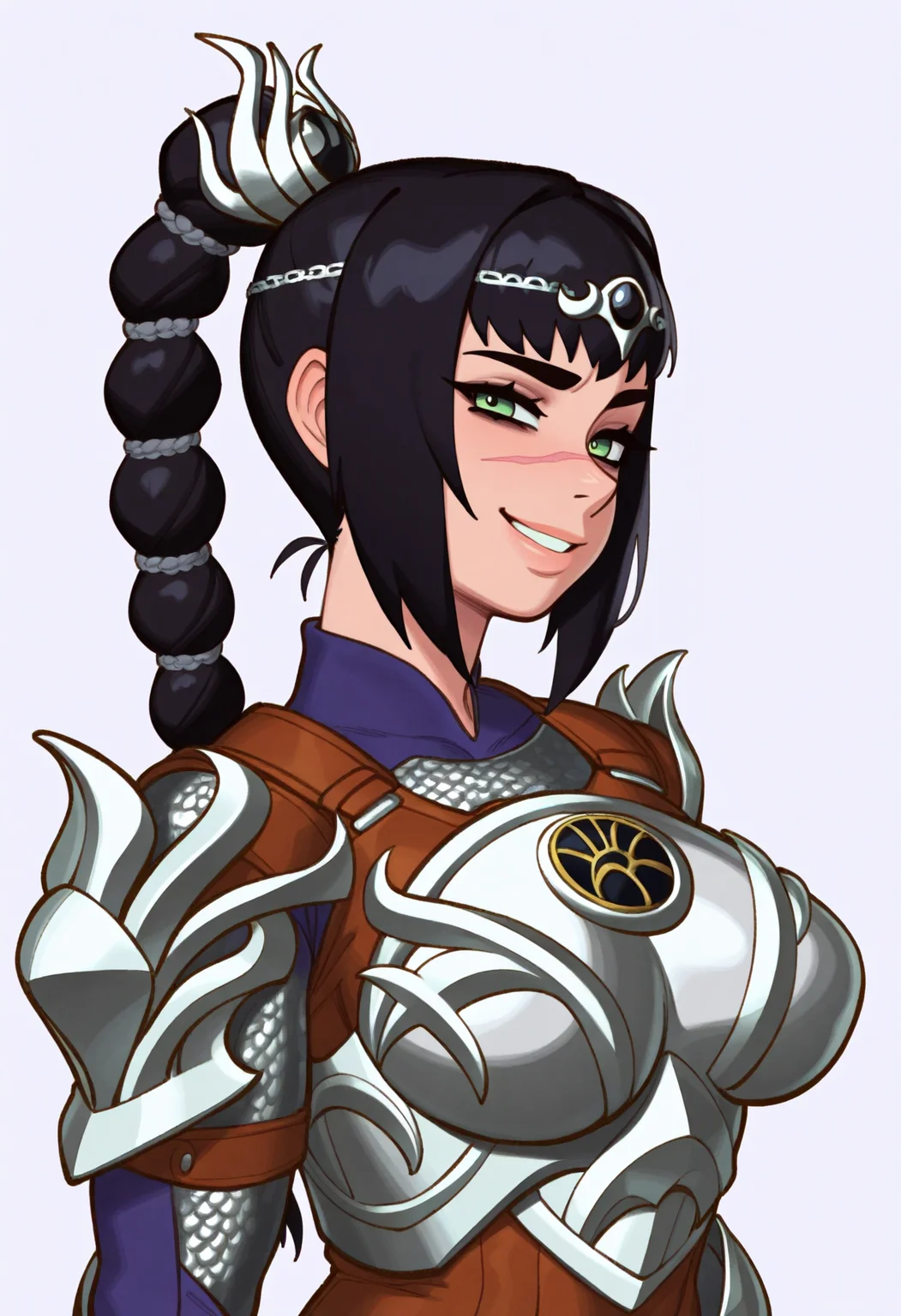rizdraws,
best quality, amazing quality, very aesthetic, absurdres,
1girl, solo, shadowheart, black hair, braided ponytail, green eyes, scar on face, circlet, armor, large breasts,
horny smile, looking at viewer, upper body, (simple background, white background:1.3), <lora:ShadowHeartIllustrious_byKonan:0.8> <lora:RizdrawsIllustriousXL_byKonan:1>