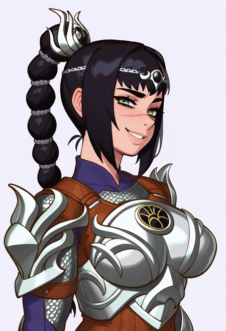 rizdraws,
best quality, amazing quality, very aesthetic, absurdres,
1girl, solo, shadowheart, black hair, braided ponytail, green eyes, scar on face, circlet, armor, large breasts,
horny smile, looking at viewer, upper body, (simple background, white background:1.3), <lora:ShadowHeartIllustrious_byKonan:0.8> <lora:RizdrawsIllustriousXL_byKonan:1>