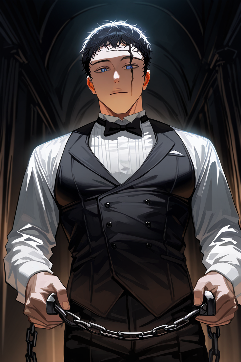 realistic shading, dimlighting, facial marked-male focus, expressive expressionless face, zenonbc, black_zenonbc_facial mark, black_zenonbc_short hair, blue eyes, 1boy, seductively looking down at viewer, staring, shiny skin, holding shackles, butler cosplay, waistcoat, cowboy shot, dark indoors hallway, bleak environment, dark environment, shadow, foreshortening, dynamic angle, dynamic action, intricately detailed illustration, cinematic, depth of field, atmospheric perspective, masterpiece, best quality, amazing quality, very aesthetic, absurdres, newest, selective coloring