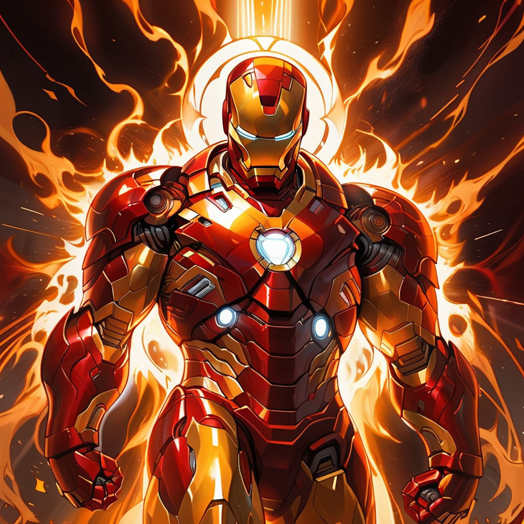 A striking Iron Man, embodying the epitome of heroism, stands boldly amidst a dynamic scene. Flames dance vigorously around him, their orange and red hues reflecting off his glossy red and gold armor. Contrasting the fiery chaos, beams of sacred light pierce through, creating a halo effect around him and highlighting his commanding presence. His posture is powerful and defiant, his eyes glowing with determination under the armor's faceplate. The scene is charged with tension, illustrating a moment of triumphant defiance in the face of overwhelming odds, <lora:herocoolstyle:0.65>,