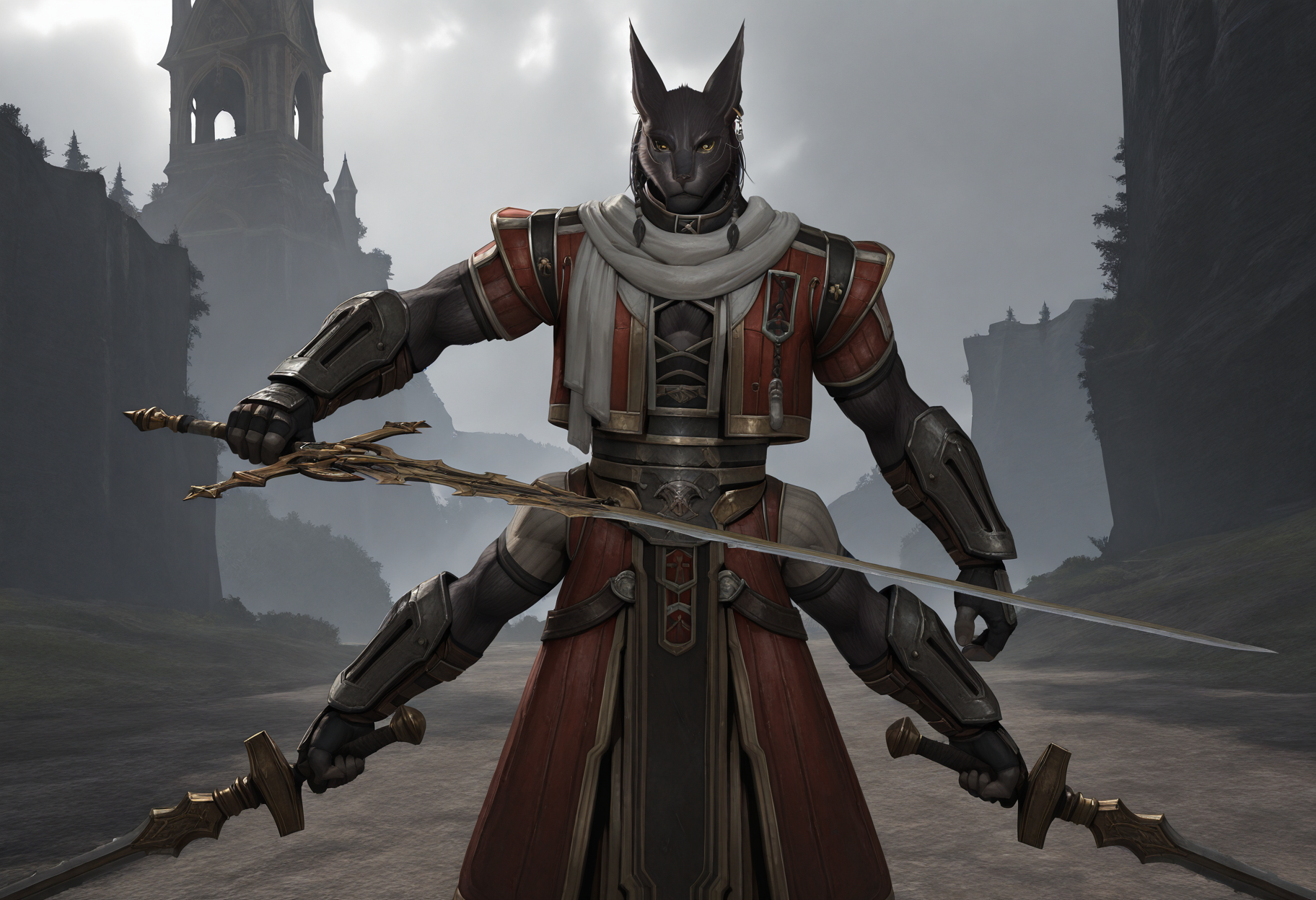 masterpiece, best quality, ultra-detailed, absurdres, TorgalLR, Four arms, 1boy, solo, dark gray fur, furry, feline, armored coat, braided hair, golden eyes, red armor, arm bracers, animal ears, white scarf, earring, holding swords, outdoors,  standing, chest cutout <lora:NOOB_vp1_detailer_by_volnovik_v1:.9>   <lora:Torgal_The_Last_Remnant-000013:1>