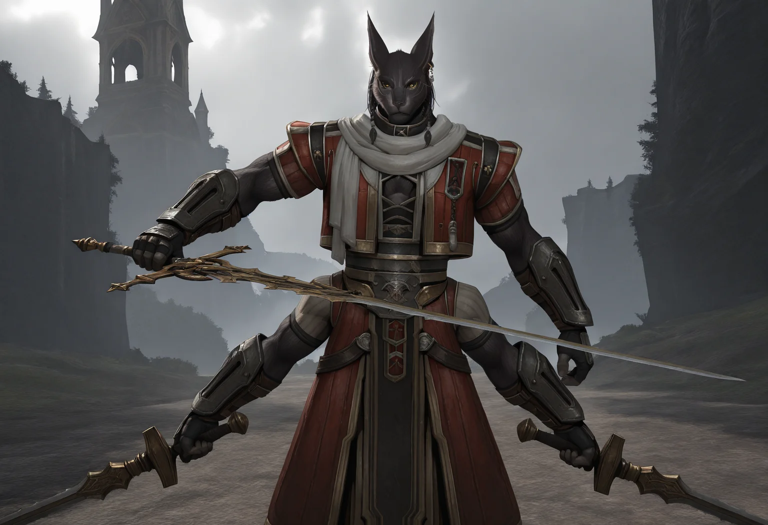 masterpiece, best quality, ultra-detailed, absurdres, TorgalLR, Four arms, 1boy, solo, dark gray fur, furry, feline, armored coat, braided hair, golden eyes, red armor, arm bracers, animal ears, white scarf, earring, holding swords, outdoors, standing, chest cutout <lora:NOOB_vp1_detailer_by_volnovik_v1:.9> <lora:Torgal_The_Last_Remnant-000013:1>