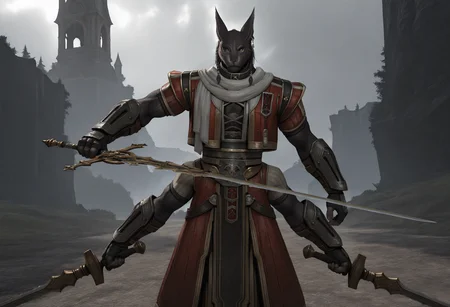 masterpiece, best quality, ultra-detailed, absurdres, TorgalLR, Four arms, 1boy, solo, dark gray fur, furry, feline, armored coat, braided hair, golden eyes, red armor, arm bracers, animal ears, white scarf, earring, holding swords, outdoors,  standing, chest cutout <lora:NOOB_vp1_detailer_by_volnovik_v1:.9>   <lora:Torgal_The_Last_Remnant-000013:1>