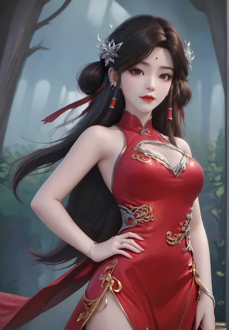 looking_at_viewer,cowboy_shot,(hand_on_hip:1.4),1girl,solo,dress,(face light:1.5),hair ornament,portiart,from front,masterpiece,(best quality),official art,extremely detailed cg 8k wallpaper,((crystalstexture skin)),(extremely delicate and beautiful),solo,photo_\(medium\),hiqcgbody,chinese background,(smile:0.4),red cheongsam,eye-contact,jewelry,long hair,<lora:huolinger_V2-000008:1>,