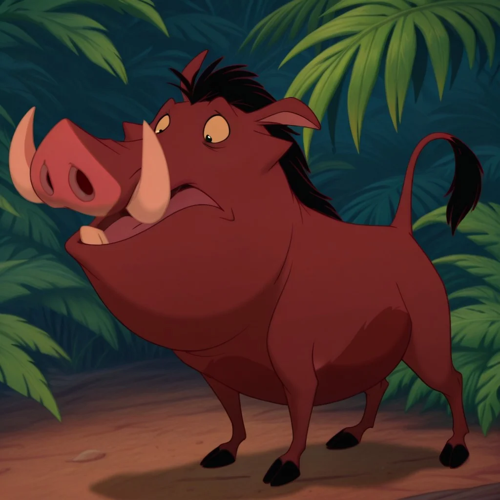 masterpiece, best quality, amazing quality, Pumbaalkil, feral, male, warthog, brownish-red fur, tusks, yellow sclera, black eyes, black hair, black tail tuft, hooves, standing, in a jungle, solo, <lora:13c5dd76-1b7c-4dae-b5c0-a015fd9d2ddb:1.0>