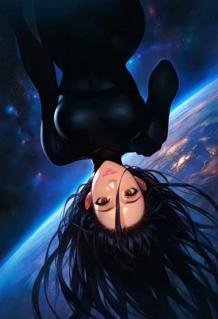 amano yoshitaka, 1girl, (dark dim dramatic atmosphere), 8k portrait of woman with super long black hair, upside down covered in black hair, brown eyes, intricate, highly detailed, dynamic angle, depth of field, sexy pose, detailed background, space, stars, starlight, digital painting, smooth, sharp focus, ((masterpiece, best quality)), 8k, intricate detail, cinematic lighting, amazing quality, amazing shading, Detailed Illustration, wallpaper, official art