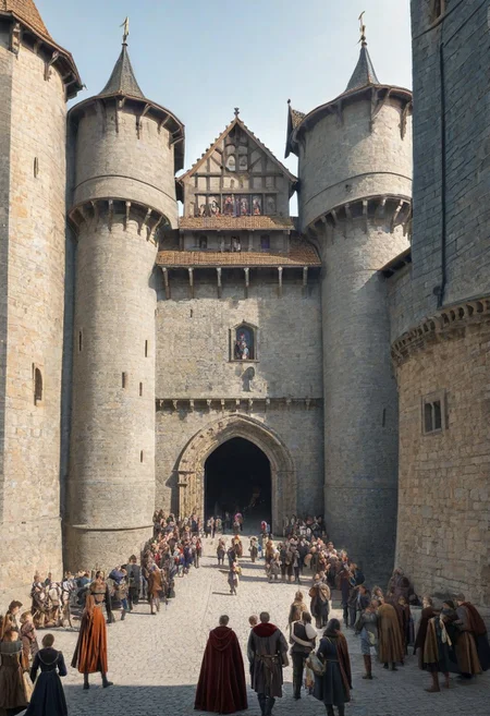 Big castle gate, people going through, wearing medieval clothes, perspective from far away.