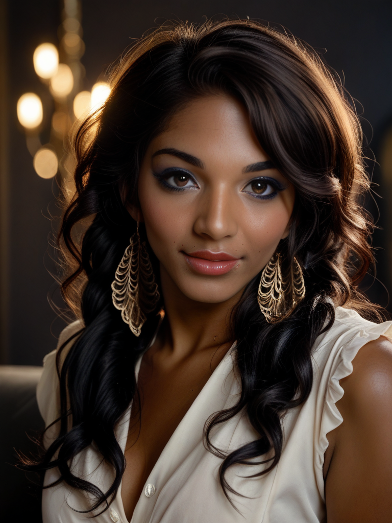 score_9, score_8_up, score_8, Jan3M4rie, Jane Marie,  <lora:Jan3M4rie-pony:1>,  1girl, makeup, lips, long hair, dark hair, dark skin, twin tails, white blouse, portrait, solo, looking at viewer, bokeh, focus, film, velvia, artistic, best quality, photograph, focus
