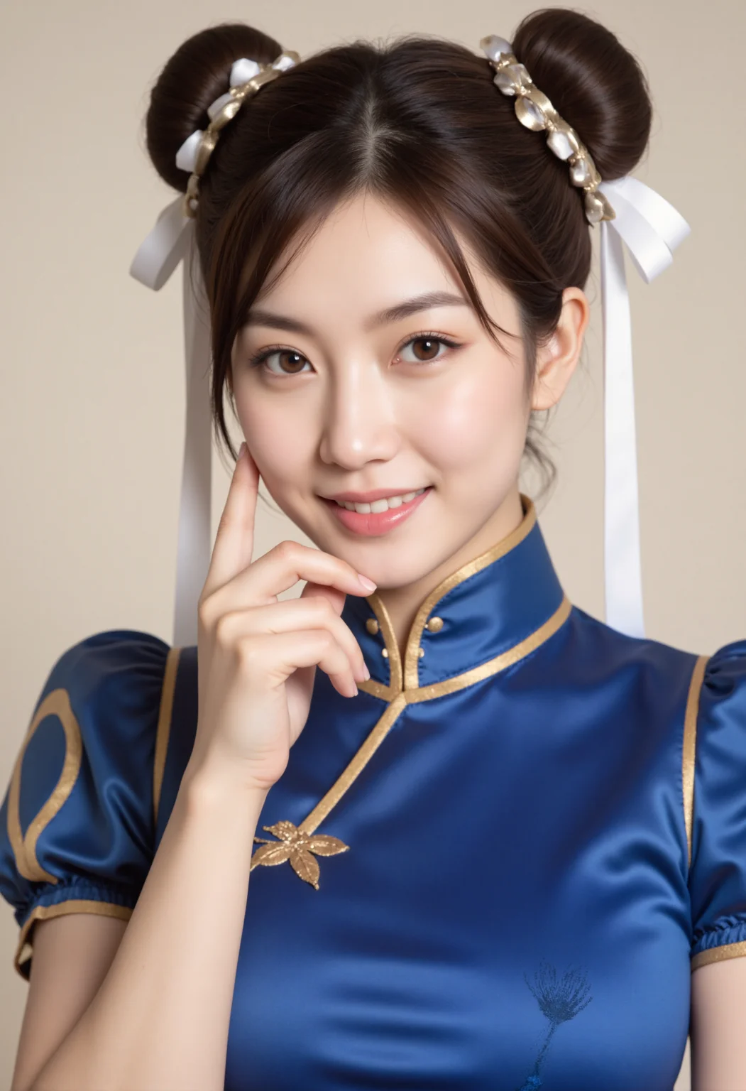 realistic, realism,photorealistic, professional photo, 4k photo,shot on kodak,A hyper-realistic side-face photograph captures a beautiful young woman, Chunli, in a half-length portrait against a light background. The ultra-realistic close-up focuses on her upper body. Her lustrous black thick hair is styled in twin buns adorned with white ribbons. Her delicate features include thin, willow leaf-shaped eyebrows and large, bright eyes. A small, lovely nose complements her reserved smile, which reveals glimpses of her white, even teeth. One of her slender fingers was gracefully pressed against her chin. She was wearing a classic blue smooth cheongsam with golden trim decorations, looking even more elegant. an warm color scheme depicted with high definition and natural lighting. The portrait shows complex detail and super detailed, fine, realistic skin texture.natural skin texture,detailed skin pore, Golden Ratio Composition,<lora:FLUX\Character\F.1 Chun-Li_1.0.safetensors:0.6500000000000001:1.0> <lora:FLUX\Character\Chun-Li_Classic_V1.0.safetensors:0.4300000000000001:1.0>