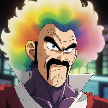 anime illustration by Akira Toriyama,Mr. Satan man, Internally Glowing Male Jester, Rainbow hair, indoors, at Dawn, soft focus, Anime screencap, Sad, Primitivism Art, Low shutter, Low Contrast, <lora:mr_satan-000007:0.8>