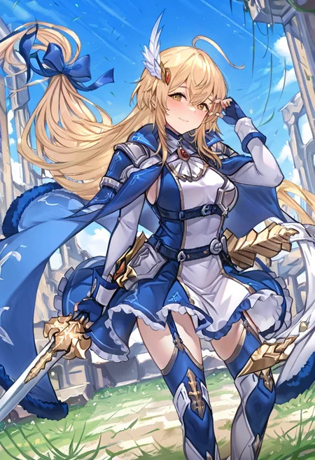 masterpiece,best quality,absurdres,perfect lighting,outdoors,grass,day,wind,blue sky,standing,
*//*,<lora:Rizette_LL-Illustrious:1>,rizette_ll,1girl,solo,blonde hair,very long hair,low-tied long hair,ahoge,yellow eyes,hair bow,blue bow,dress,armor,shoulder armor,fur trim,fingerless gloves,thighhighs,garter straps,boots,cape,hair ornament,sword,holding weapon,
*//*,looking at viewer,cowboy shot,dutch angle,dynamic pose,light smile,