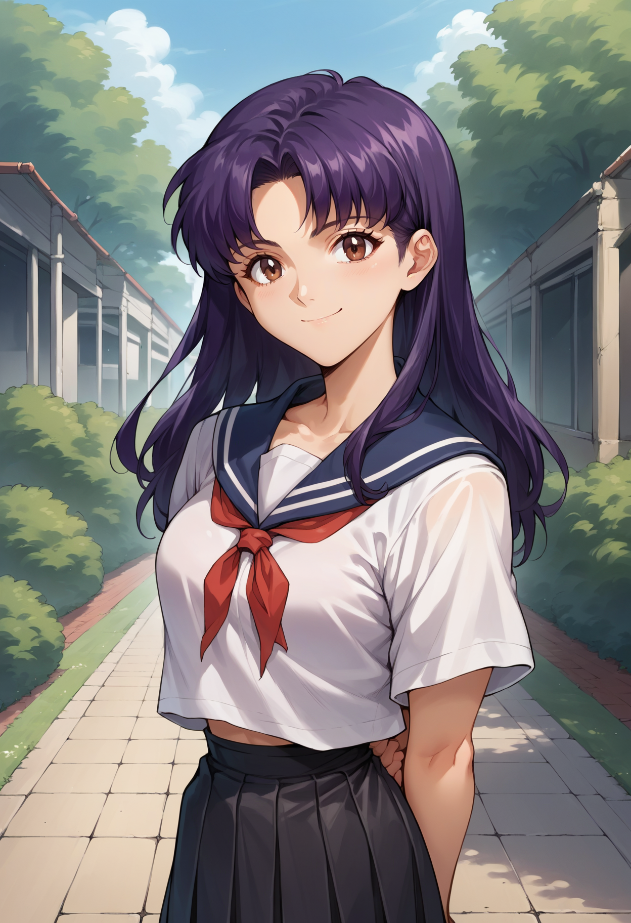 score_7, score_8_up, score_7_up, source_anime, 1girl, solo, looking at viewer,  EPngeKatsuragiMisato, purple hair, brown eyes, long hair,serafuku, white shirt, black skirt, arms behind back, smile, outdoors,<lora:EPngeKatsuragiMisatoPony-06:1.0>