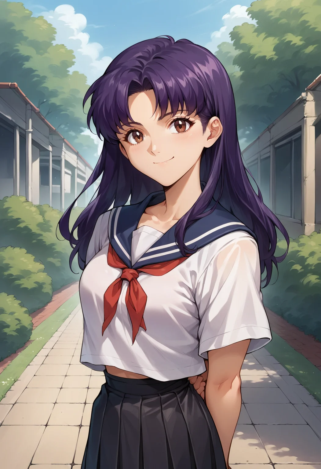 score_7, score_8_up, score_7_up, source_anime, 1girl, solo, looking at viewer, EPngeKatsuragiMisato, purple hair, brown eyes, long hair,serafuku, white shirt, black skirt, arms behind back, smile, outdoors,<lora:EPngeKatsuragiMisatoPony-06:1.0>