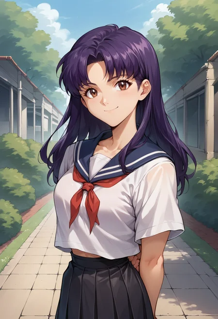 score_7, score_8_up, score_7_up, source_anime, 1girl, solo, looking at viewer, EPngeKatsuragiMisato, purple hair, brown eyes, long hair,serafuku, white shirt, black skirt, arms behind back, smile, outdoors,<lora:EPngeKatsuragiMisatoPony-06:1.0>