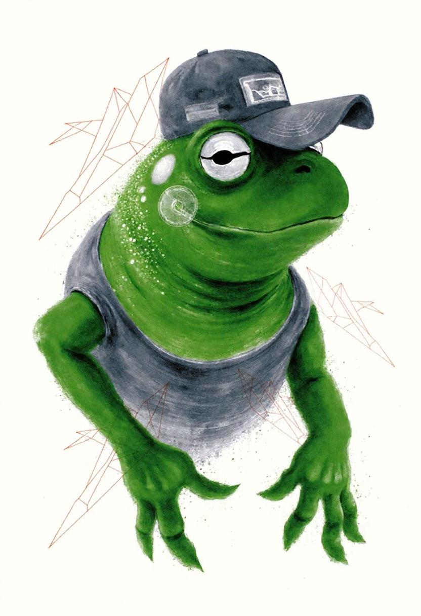 <lora:Acrobatic_Maneuvers_Style_FLUX-000015:0.9> 
This image is a digital drawing that combines elements of surrealism and modern art. The central figure is a stylized, three-dimensional representation of Kermit the Frog, with striking details rendered in various shades of green and grey .