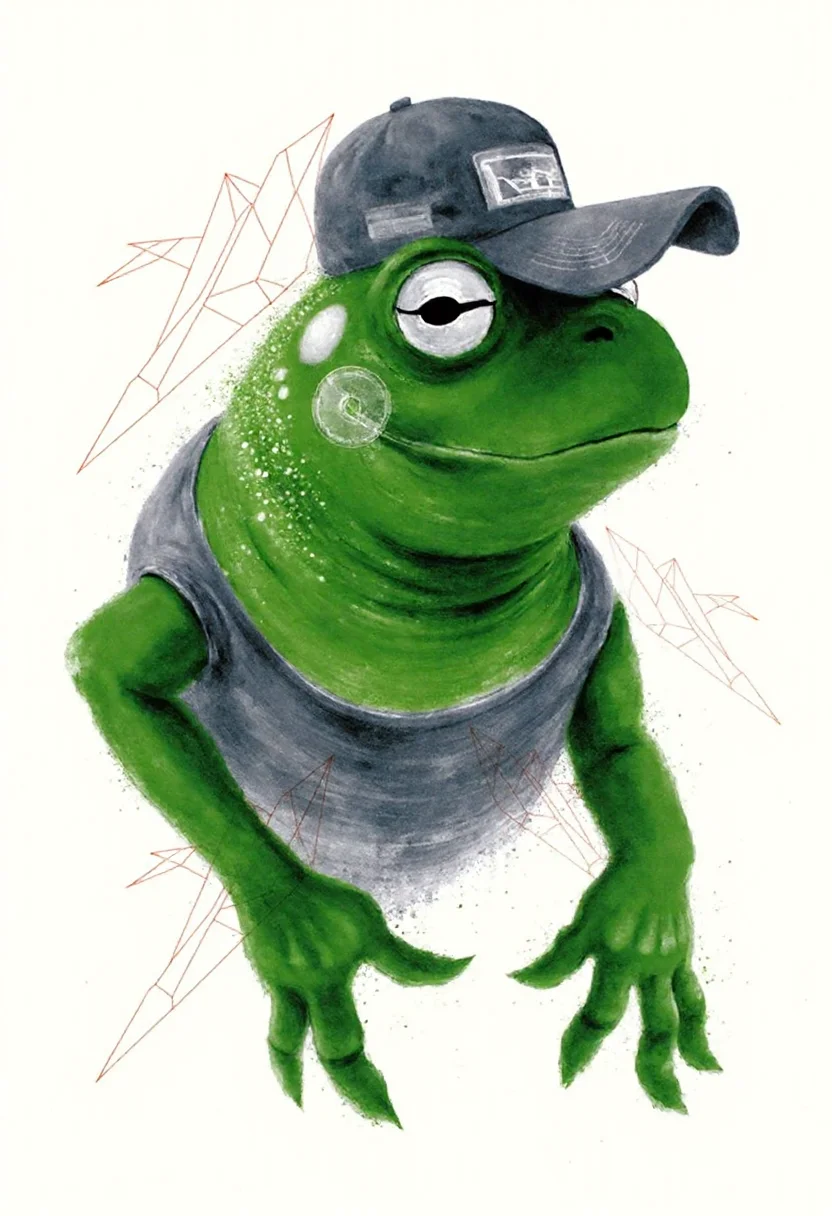 <lora:Acrobatic_Maneuvers_Style_FLUX-000015:0.9>
This image is a digital drawing that combines elements of surrealism and modern art. The central figure is a stylized, three-dimensional representation of Kermit the Frog, with striking details rendered in various shades of green and grey .