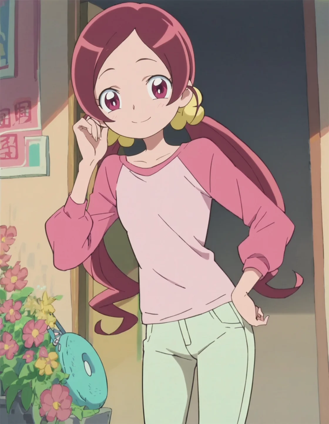score_9, score_8_up, score_7_up,1girl,solo, anime screencap,hanasakitsubomi, 1girl,pink shirt,pink sleeve,pants ,cowboy shot,low twin tails,long hair,looking at viewer,smile,blush,small breasts,<lora:hanasakitsubomi:0.8>