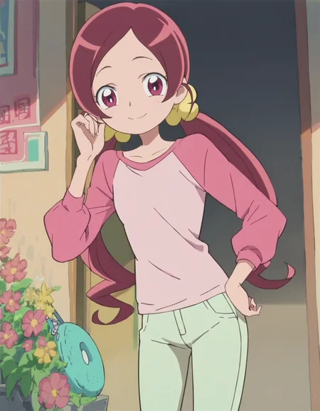 score_9, score_8_up, score_7_up,1girl,solo, anime screencap,hanasakitsubomi, 1girl,pink shirt,pink sleeve,pants ,cowboy shot,low twin tails,long hair,looking at viewer,smile,blush,small breasts,<lora:hanasakitsubomi:0.8>