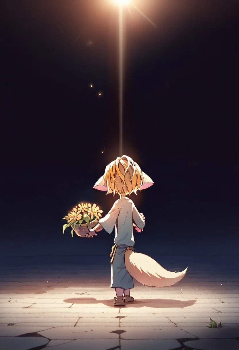 score_9, score_8_up, score_7_up, BREAK source_anime , 
paige,solo,furry,tail,child,kid,
holding basket full of vibrant, hand-picked flowers walks through a field of swaying grass and blossoms. The late afternoon sun bathes the scene in a soft orange glow, but she is lit by a radiant beam of golden light breaking through the fluffy clouds above. Behind her, scattered wooden houses with curling chimney smoke sit snugly in the hills, and a flock of birds cuts across the sky, their wings catching the sunlight.