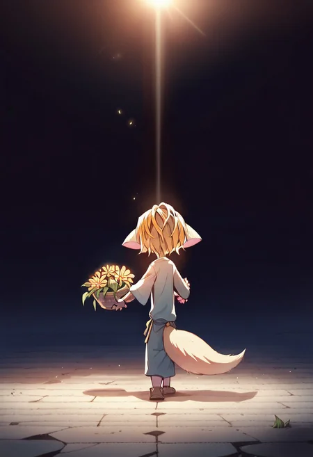 score_9, score_8_up, score_7_up, BREAK source_anime ,
paige,solo,furry,tail,child,kid,
holding basket full of vibrant, hand-picked flowers walks through a field of swaying grass and blossoms. The late afternoon sun bathes the scene in a soft orange glow, but she is lit by a radiant beam of golden light breaking through the fluffy clouds above. Behind her, scattered wooden houses with curling chimney smoke sit snugly in the hills, and a flock of birds cuts across the sky, their wings catching the sunlight.