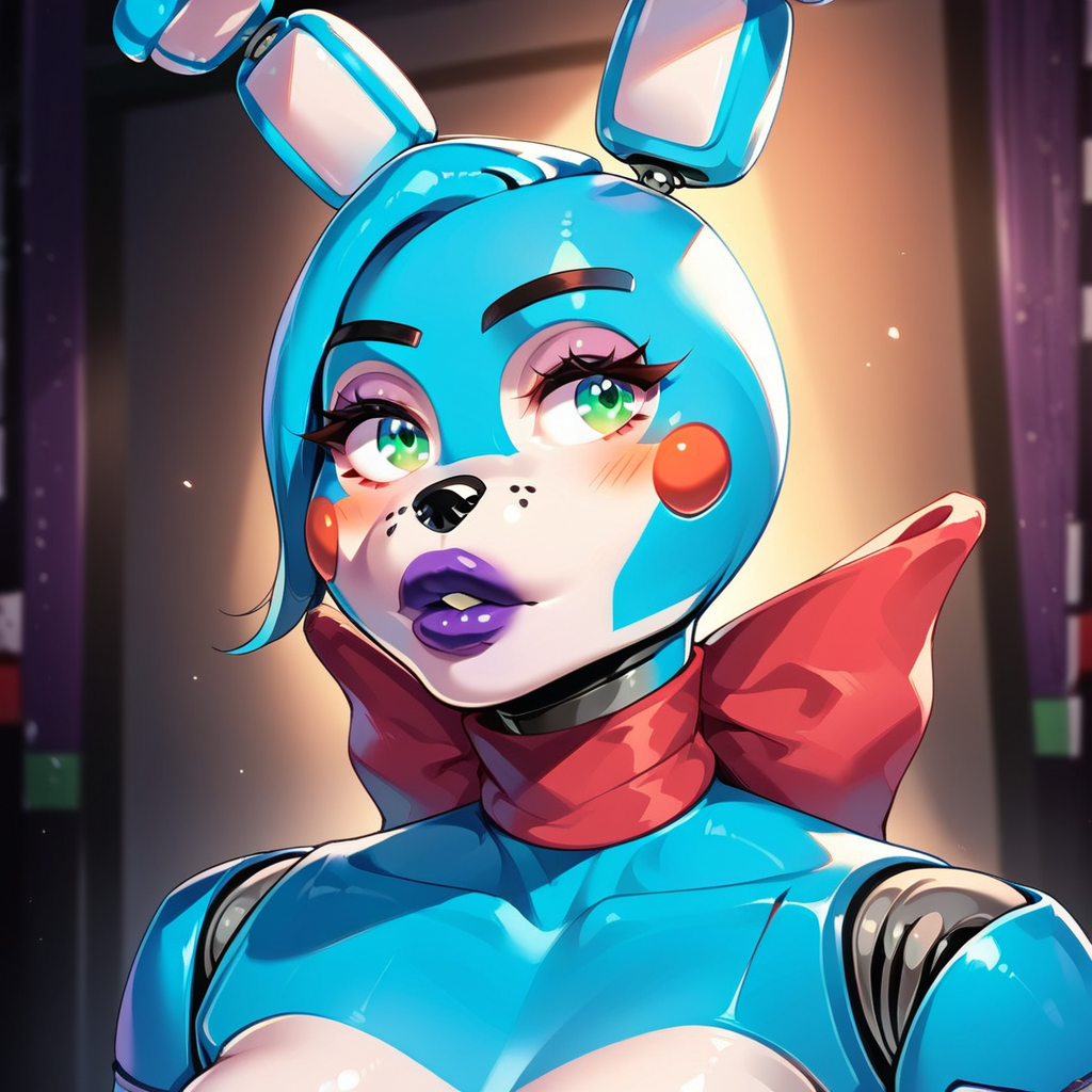 score_9,score_8_up,score_7_up, ultra quality, smooth outlines, 1girl, bonniexl, animatronic, machine, robot joints, anthro, furry female, multicolored body, white skin, blue skin, bangs, short hair, animal ears, animal nose, blush stickers, eyelashes, green eyes, neck bow, puffy lips, purple lips, portrait, looking away, parted lips