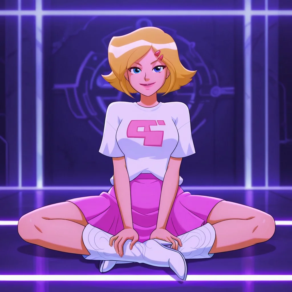 masterpiece, best quality, good quality, 1girl, solo, cartoon, totally_spies_2k24, cl0ver, blonde hair, blue eyes, white t-shirt, pix3l print, pink skirt, hairclip, white boots, sexy, large breasts, beautiful, detailed, high detailed, very beautiful, detailed face, detailed eyes, detailed hand, fingernails, abstract background, neon, smile, posing, sitting, pose, looking at viewer