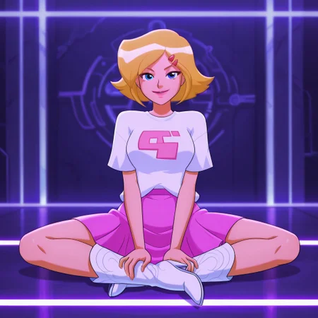 masterpiece, best quality, good quality, 1girl, solo, cartoon, totally_spies_2k24, cl0ver, blonde hair, blue eyes, white t-shirt, pix3l print, pink skirt, hairclip, white boots, sexy, large breasts, beautiful, detailed, high detailed, very beautiful, detailed face, detailed eyes, detailed hand, fingernails, abstract background, neon, smile, posing, sitting, pose, looking at viewer