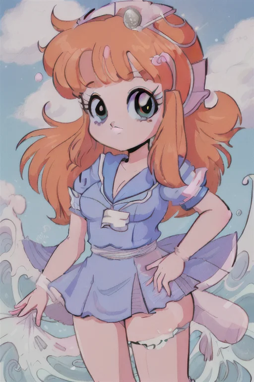 1girl, 80's anime style, <lora:TFM_FTA:0.7>, <lora:princessChiChiDragonBall_v10:1> princesschichi, as a nurse at a beach, waves, sunny day