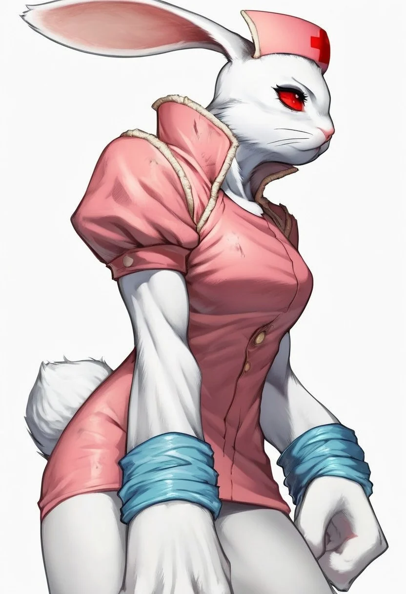 score_9,score_8,score_7,
alice_bloodyroar,
alice_bloody_roar, alice_bloodyroar, rabbit_bloody_roar, 1girl, rabbit girl, bloody_roar_2, nurse_br_2, solo, 1girl, rabbit, nurse, furry, furry female, animal ears, rabbit ears, simple background, red eyes, hat, white background, nurse cap,