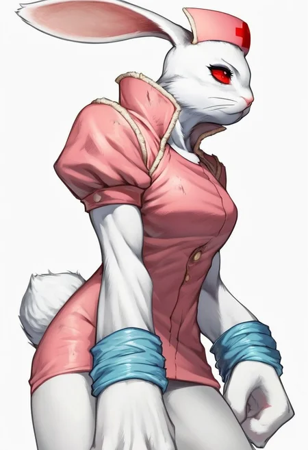 score_9,score_8,score_7,
alice_bloodyroar,
alice_bloody_roar, alice_bloodyroar, rabbit_bloody_roar, 1girl, rabbit girl, bloody_roar_2, nurse_br_2, solo, 1girl, rabbit, nurse, furry, furry female, animal ears, rabbit ears, simple background, red eyes, hat, white background, nurse cap,