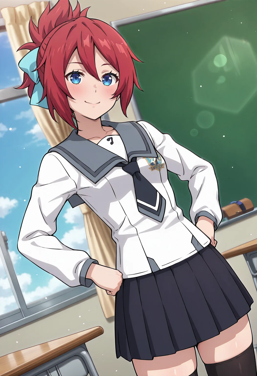 best quality, amazing quality, perfect quality, high quality, masterpiece, absolutely eye-catching BREAK
<lora:Phantasy_Star_Online_2_-_Hitsugi_Yasaka:1> PSO2Hitsugi, blue eyes, red hair, short hair, double-parted bangs, ponytail, blue hair ribbon, small breasts BREAK
white jacket, long sleeves, grey sailor collar, black necktie, black pleated skirt, black thighhighs BREAK
indoors, school, classroom, window, curtain, light particles, sky BREAK
1girl, solo, standing, hands on hips, smile, head tilt, looking at viewer, dutch angle, cowboy shot