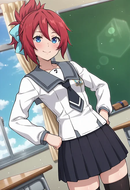 best quality, amazing quality, perfect quality, high quality, masterpiece, absolutely eye-catching BREAK
<lora:Phantasy_Star_Online_2_-_Hitsugi_Yasaka:1> PSO2Hitsugi, blue eyes, red hair, short hair, double-parted bangs, ponytail, blue hair ribbon, small breasts BREAK
white jacket, long sleeves, grey sailor collar, black necktie, black pleated skirt, black thighhighs BREAK
indoors, school, classroom, window, curtain, light particles, sky BREAK
1girl, solo, standing, hands on hips, smile, head tilt, looking at viewer, dutch angle, cowboy shot