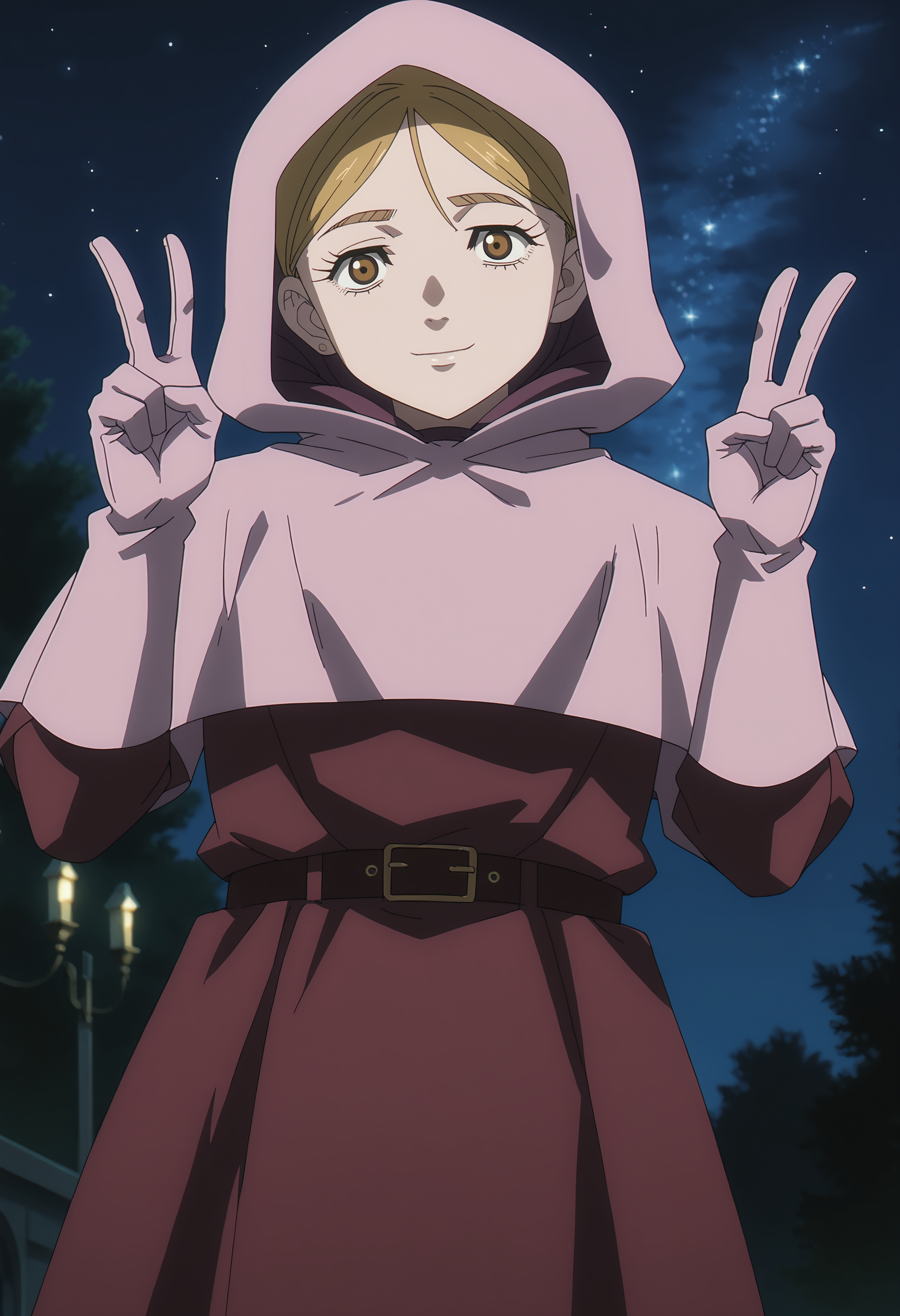 <lora:PonyScores7:1> anime coloring, source_anime, rating_explicit, uncensored BREAK
masterpiece, best quality, very aesthetic, absurdres, anime screencap BREAK
<lora:Chi. Chikyuu no Undou ni Tsuite ~ Jolenta:1> ChiJolenta, brown eyes, blond hair BREAK
hood, belt, gloves, robe BREAK
(night, starry sky:1.4), outdoors BREAK
light smile, (double_v, head tilt:1.4), dutch angle, looking at viewer, low angle shot