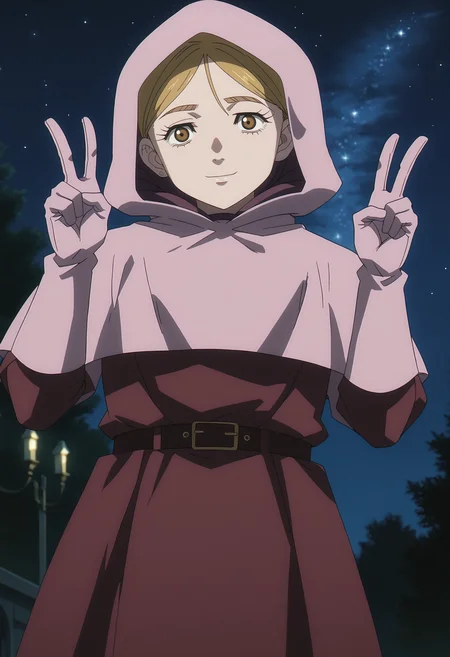 <lora:PonyScores7:1> anime coloring, source_anime, rating_explicit, uncensored BREAK
masterpiece, best quality, very aesthetic, absurdres, anime screencap BREAK
<lora:Chi. Chikyuu no Undou ni Tsuite ~ Jolenta:1> ChiJolenta, brown eyes, blond hair BREAK
hood, belt, gloves, robe BREAK
(night, starry sky:1.4), outdoors BREAK
light smile, (double_v, head tilt:1.4), dutch angle, looking at viewer, low angle shot
