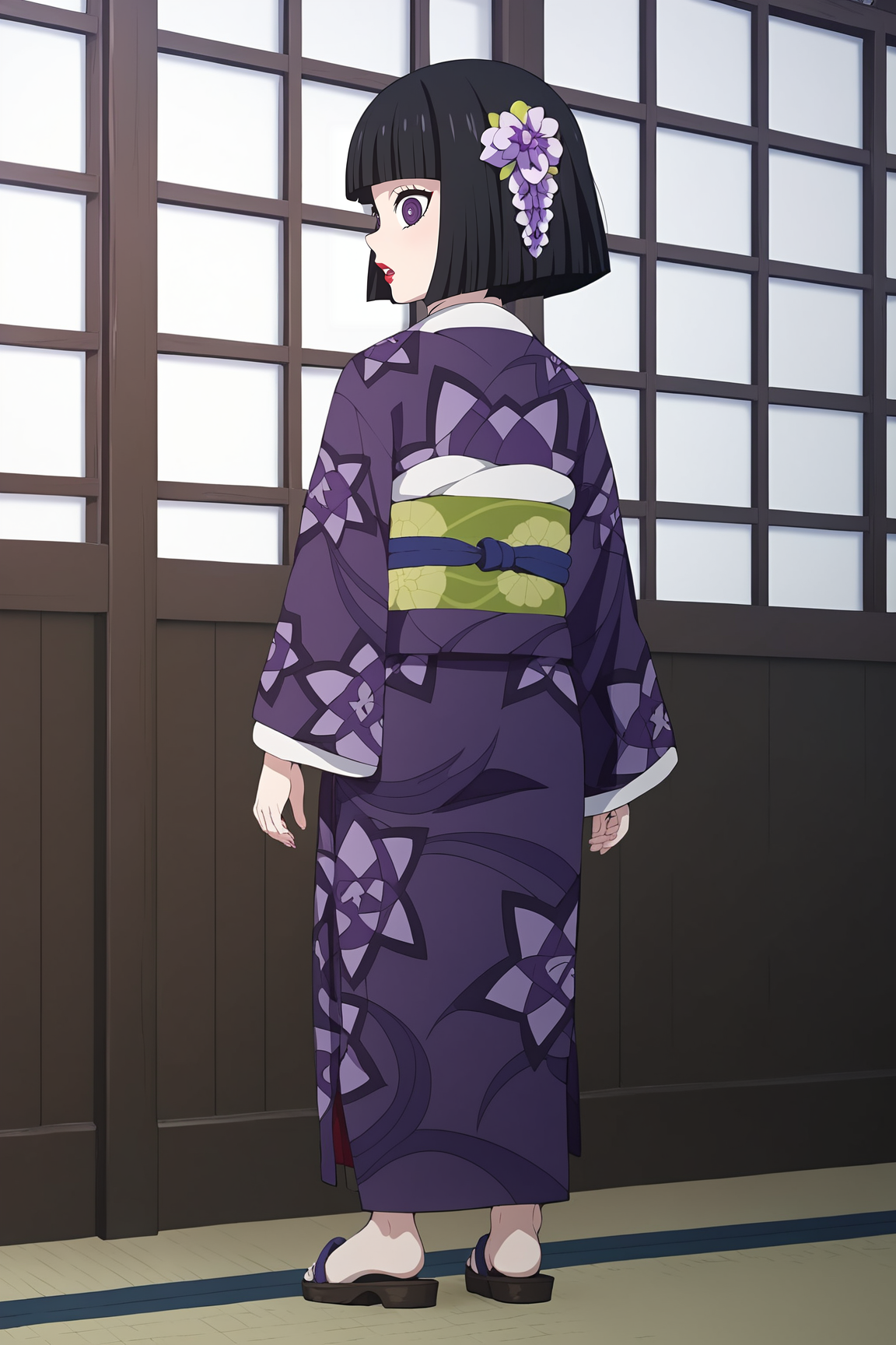 score_9, score_8_up, score_7_up, score_6_up, BREAK, KiriyaUbuyashikiDSXL, child, pale skin, black eyelashes, red lips, purple eyes, black hair, short hair, bob cut, blunt bangs, hair flower, purple flower, flat chest, japanese clothes, purple kimono, long sleeves, green sash, blue obi, solo, purple sandals, standing, from behind, surprised, looking back, indoors <lora:KiriyaUbuyashikiDSXL:0.8>