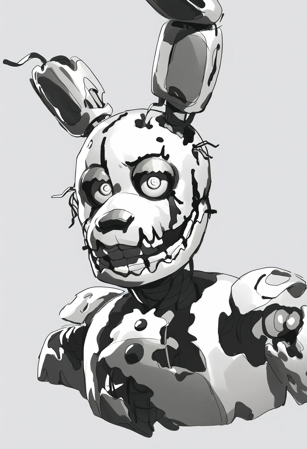 score_9, score_8_up, score_7_up, score_6_up, solo, ((sketch, lineart only)), gray background, half body, highly detailed face, fnaf, upper body close up, male focus, no color, (springtrap, animatronic), <lora:Springtrap_v4:0.98>