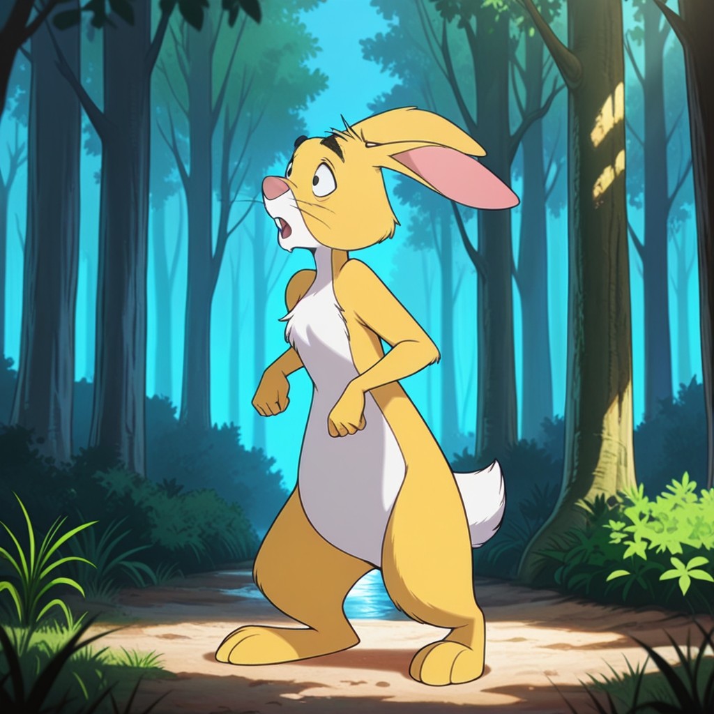 masterpiece, best quality, amazing quality, WtPrabbitil, semi-anthro, male, rabbit_boy, yellow fur, black eyes, standing, in a forest, <lora:99bde363-d6d4-45ad-a615-226e9155d30c:1.0>