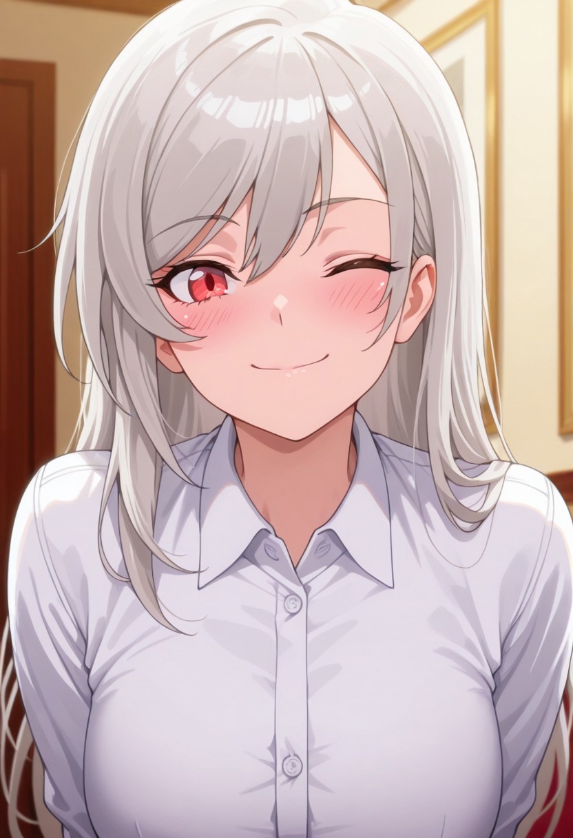 masterpiece,best quality,amazing quality, inglis eucus, grey hair, red eyes, 1girl, one eye closed, smile, solo, long hair, looking at viewer, closed mouth, shirt, collared shirt, blush, white shirt