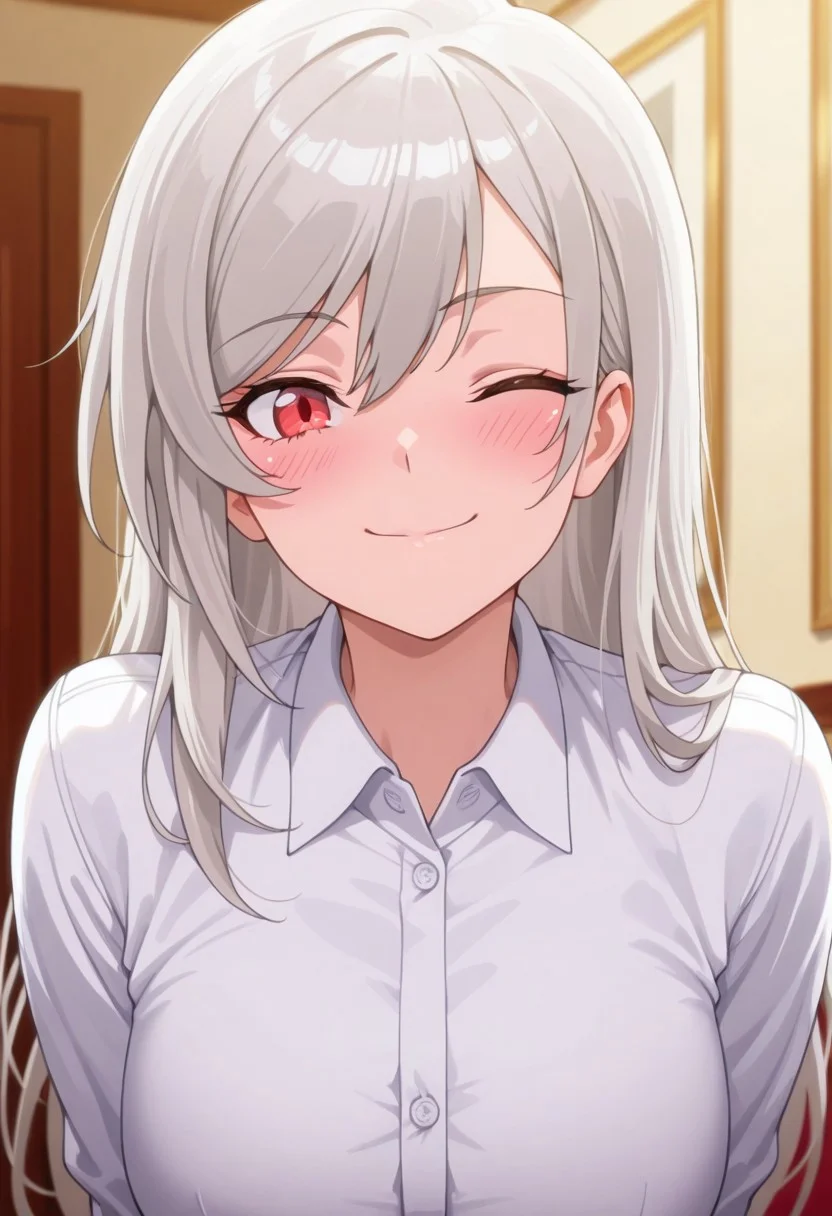 masterpiece,best quality,amazing quality, inglis eucus, grey hair, red eyes, 1girl, one eye closed, smile, solo, long hair, looking at viewer, closed mouth, shirt, collared shirt, blush, white shirt