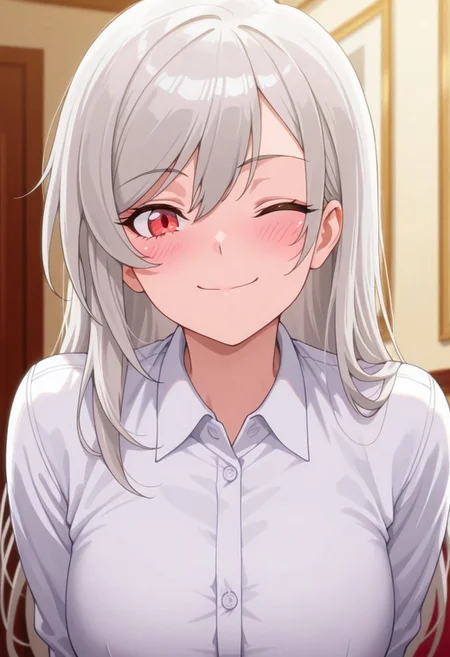 masterpiece,best quality,amazing quality, inglis eucus, grey hair, red eyes, 1girl, one eye closed, smile, solo, long hair, looking at viewer, closed mouth, shirt, collared shirt, blush, white shirt