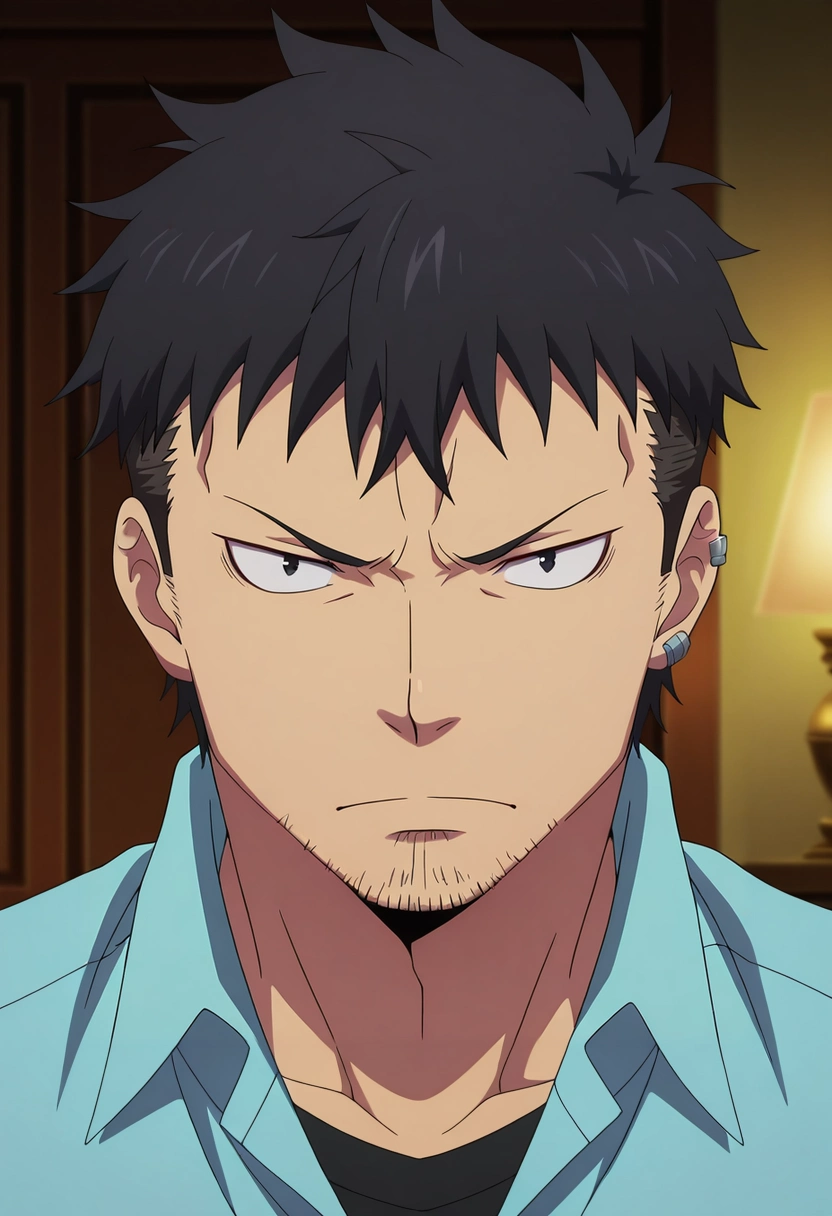 masterpiece, best quality, intricate details, anime screencap, anime coloring, , looking at viewer, , 1boy, solo, male focus, <lora:ryuuji_suguro_ilxl:0.9>, ryuuji_suguro, black hair, black eyes, short hair, , facial hair, stubble, , ,