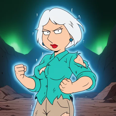 score_8_up, BREAK, lois, 1girl, blue earrings, jewelry, short hair, white hair, solo, lipstick, aqua shirt, beige pants, breasts, sleeves rolled up, <lora:LoisGriffinPon2.0:0.8>, UltraInstInctAura, aura, light particles, glowing skin, glowing clothes, debris, <lora:UltraInstinctAura_PXL_Leaf2:1>, clenched hands, looking at viewer, cowboy shot, torn clothes, muscular,