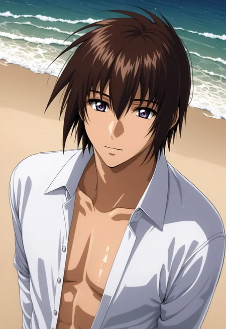 ASCII kira_yamato, hair parting left, 1man, mature adult male focus, white open shirt, solo, slim, thin waist, warm beige skin, brown hair,
detailed symmetric glossy eyes, expressive eyes, large purple eyes, looking at the viewer,
sexy posing, in a beach, sweaty,
full body portrait,
masterpiece, best quality, ultra high res, intricate detail, clamshell warm lighting