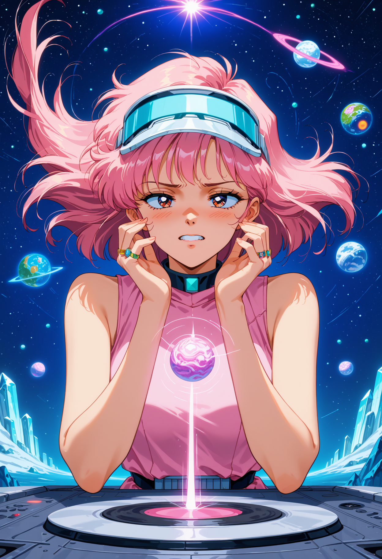 score_9,score_8_up,score_7_up, source_anime, modernretroanime,  1girl, solo, orbiting, mystical, ringed, planet, vinyl, record, spinning, space, futuristic, anime, girl, blue, skin, crystalline, pink, hair, glow, nostalgic, light, protective, visor, golden, stellar, neon, warmth, 80s, long, luminous, quantum, entangled, strands, ripples, cosmic, energy, icy, rings, spaceship, retro, charm, advanced, tech, yellow, screens, shifting, pink, amber, Polaroids,