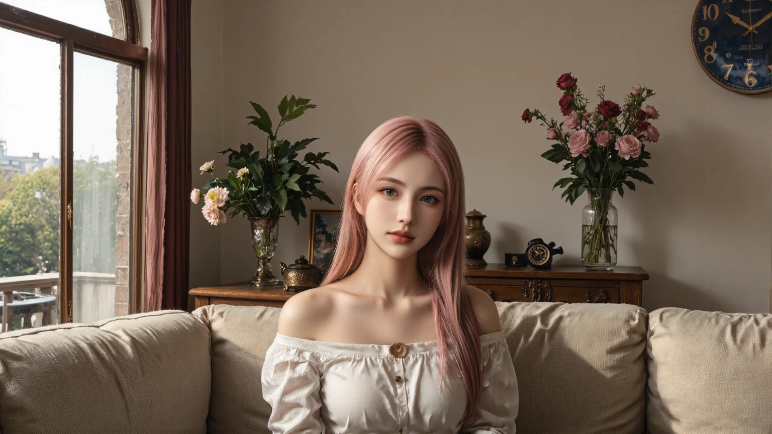 a young woman with long pastel pink hair,wearing an off-shoulder knitted sweater,sits gracefully in a classical Victorian living room with dual fireplaces lit behind her. The room features blush pink walls,golden-framed landscape paintings,and a vase of soft pink roses on a wooden table. Warm firelight casts soft shadows on her face,cozy and elegant ambiance,cinematic lighting,vivid style.,<lora:yuukananri-base-02-flux:0.8>,yuukananri,she has a slender physique and a petite build,<lora:aidmaMJ6.1_v0.5_3:0.5>,aidmaMJ6.1,