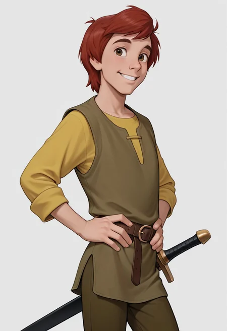 masterpiece, absurdres, high quality, perfect anatomy, 1boy, solo, cute boy, male focus, Taran, Red Hair, Brown Eyes, Green Vest, Long Sleeve Yellow Shirt, Green Pants, Sword in sheath, sheath, hands on hips, smiling, portrait, cinematic, intricately detailed illustration, depth of field, masterpiece, best quality, amazing quality, very aesthetic, absurdres, newest, very awa, shadow, dynamic angle, casual cosplay, dynamic pose, simple background,
